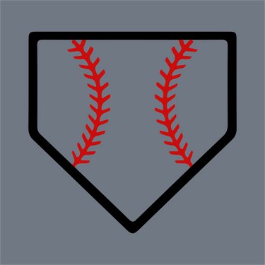 The InkMerge Home Plate Baseball Stitch DTF Transfer – Ready to Press features a black-outlined home plate with red stitching on a gray background, ideal for custom baseball projects.